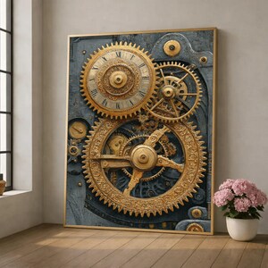 Könnte beinhalten: Ein rechteckiges Wandbild mit einem komplexen Uhrwerk-Design. Das Kunstwerk zeigt große, verzierte goldfarbene Zahnräder vor einem strukturierten, dunkelgrauen industriellen Hintergrund, wobei das obere Zahnrad mit römischen Ziffern versehen ist.