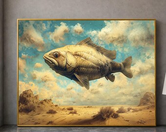 Surreal Floating Fish, Desert Landscape Canvas, Dreamlike Wall Art, Sky and Clouds Decoration, Unique Nature Canvas Print