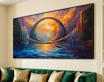 Mystical Orb Portal Canvas, Abstract Sunset Wall Art, Surreal Landscape Painting, Modern Blue and Orange Decor, Home Canvas Artwork