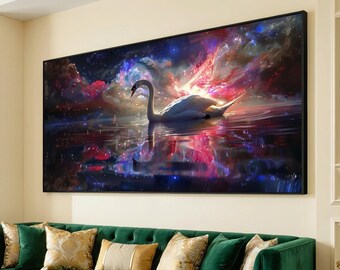Mystical Swan Reflection Canvas, Cosmic Galaxy Art, Ethereal Water Scene, Night Sky Wall Decor, Fantasy Nature Canvas
