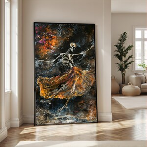 Dancing Skeleton Canvas Wall Art, Vibrant Orange Skirt, Dark Abstract Background, Gothic Home Decor, Unique Canvas Painting