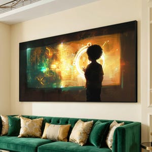 Puede incluir: Un cuadro rectangular de pared que muestra la silueta de un niño con cabello rizado frente a una interfaz digital brillante, dorada y verde, llena de formas geométricas abstractas, líneas y patrones de luz circulares.