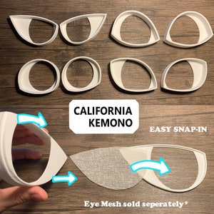 May include: Set of six white plastic eye shapes for a costume or craft project. The eye shapes are designed to snap together easily. The text "CALIFORNIA KEMON" and "EASY SNAP-IN" are visible in the image. The text "Eye Mesh sold seperately*" is also visible in the image.