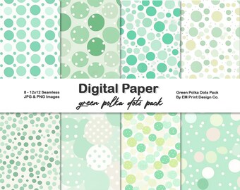 May include: A digital paper pack with eight seamless patterns featuring green polka dots on a white background. The patterns are 12 inches by 12 inches and are available in JPG and PNG formats. The text "Digital Paper green polka dots pack" is displayed in the center of the image.