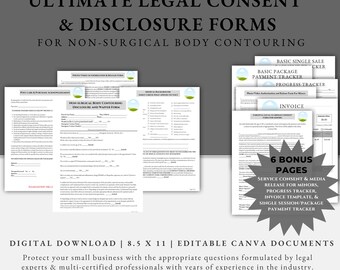 May include: Editable template for legal consent and disclosure forms for non-surgical body contouring. Includes forms for patient care and acknowledgment, medical history, non-surgical body contouring disclosure and waiver, service consent and media release for minors, progress tracker, invoice template, and single session/package payment tracker.