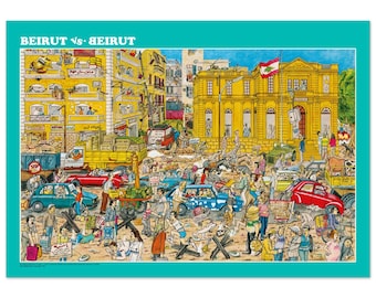 May include: A colorful, detailed illustration titled BEIRUT VS. BEIRUT depicting a busy urban street scene with yellow buildings, a Lebanese flag, various cars including red and blue models, and numerous people engaged in daily activities.