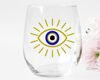 Greek Evil Eye Wine Glass Evil Eye Wine Glass Stemless Birthday Wine Glass Gift Wine Gift Evil Eye Third Eye Nazar Good Luck Protection