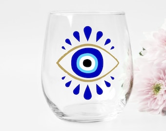 Greek Evil Eye Wine Glass Evil Eye Wine Glass Stemless Birthday Wine Glass Gift Wine Gift Evil Eye Third Eye Nazar Good Luck Protection