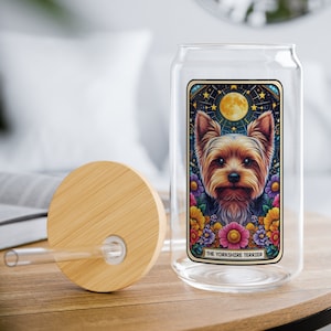 Yorkshire Terrier Glass Tumbler Yorkie Funny Dog Tarot Card Glass Cup Lid and Straw Iced Coffee Glass Sipper Dog Mom Mug Gift Dog Breed Gift