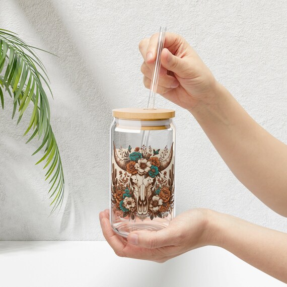 Western Desert Cow Skull Cactus Flower Glass Tumbler Gift Cowgirl Glass Cup Lid Straw Retro Vintage Southwest Iced Coffee Glass Sipper Mug