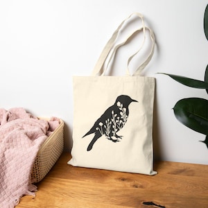 Crow Tote Bag Gift Floral Crow Gift Crow Flowers Tote Reusable Grocery Bag Raven Tote Dark Academia Tote Crow Lover Gift Cotton Canvas Bag