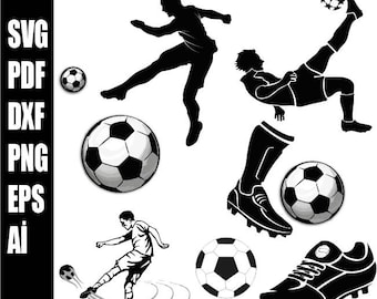 May include: Black and white soccer-themed graphic with multiple soccer balls and players in action. Includes a soccer cleat and text: SVG, PDF, DXF, PNG, EPS, AI. Ideal for sports enthusiasts.