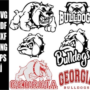 May include: Black and white vector illustration of a bulldog with the text "Bulldogs" in a stylized font. There are four different variations of the bulldog image, including a bulldog with the text "Georgia Bulldogs" in red.