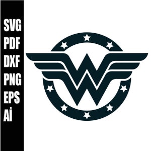 May include: A black and white Wonder Woman logo with a circle of stars around the outside.