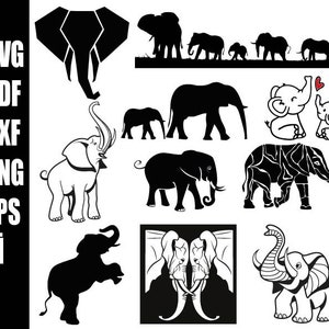 Puede incluir: Una colección de imágenes en silueta negra de elefantes en varias poses, incluyendo una familia de elefantes caminando, un elefante solo con la trompa levantada y dos elefantes enfrentados con sus trompas entrelazadas.