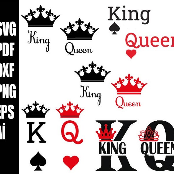 King and Queen Svg, King of Spades Svg, Queen of Hearts Svg, Playing Card King Queen Svg Png Ai Dxf Pdf