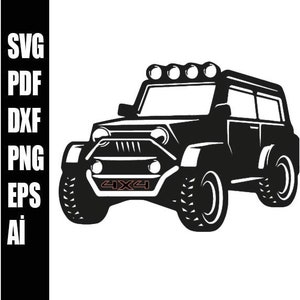 May include: Black and white silhouette of a 4x4 off-road vehicle with a roof rack and four spotlights on top. The vehicle has a large front grill and a spare tire on the back.