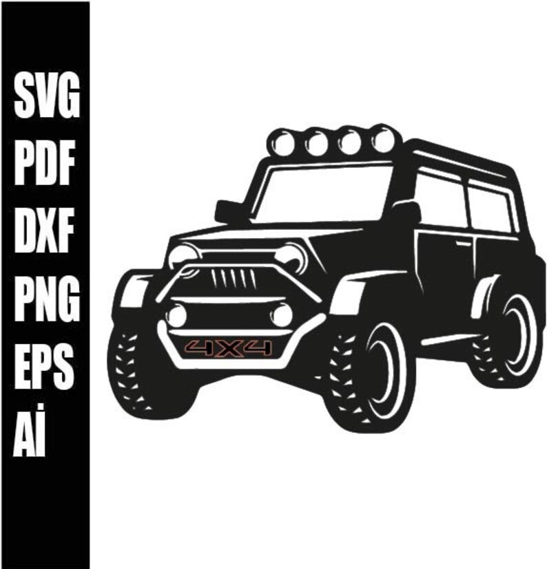 May include: Black and white silhouette of a 4x4 off-road vehicle with a roof rack and four spotlights on top. The vehicle has a large front grill and a spare tire on the back.