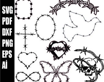 Puede incluir: Un conjunto de diez ilustraciones vectoriales en blanco y negro de diseños de alambre de púas. Los diseños incluyen un corazón, una cruz, un círculo, un cuadrado, un símbolo de infinito, una mariposa, una paloma, una calavera y un corazón con espinas.