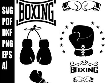 May include: Black and white vector illustration of boxing gloves, a boxing ring, and the word "BOXING" in a vintage style font.