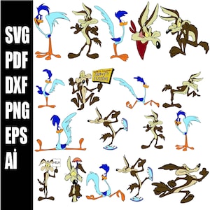 May include: A collection of cartoon illustrations featuring the Road Runner and Wile E. Coyote. The characters are depicted in various poses and actions, with the text "SVG PDF DXF PNG EPS AI" on the left side.