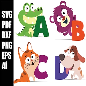 Animal Alphabet Sublimation Set - ABCs with Animals, Kids Learning Digital Download, Printable Alphabet, Cute Animal Designs svg png ai dxf