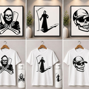 Könnte beinhalten: Eine Sammlung von gerahmten Kunstdrucken und weißen T-Shirts mit schwarz-weißen Schädelmotiven. Die Kunstdrucke zeigen einen Schädel mit Hackmessern, den Sensenmann und einen Schädel mit Baseballkappe. Die T-Shirts und Wasserflaschen haben passende Grafiken.