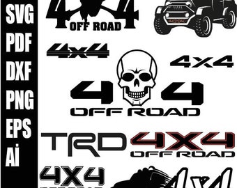 May include: A set of black and white 4x4 off-road vehicle decals. The decals feature a skull, a jeep, and the text "4x4 Off Road".