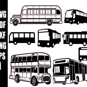 May include: A set of black and white silhouette illustrations of different types of buses. The illustrations include a double-decker bus, a school bus, a city bus, and a tour bus.