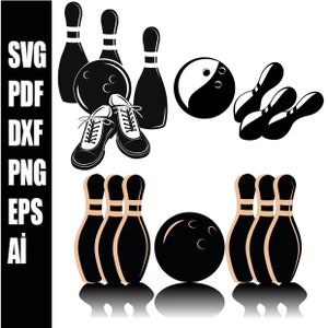 May include: Black and white illustration of bowling pins and balls. There are two sets of bowling pins, one set of three and one set of four. There are two bowling balls, one with a yin-yang design and one with a simple round design. There are also two black bowling shoes.