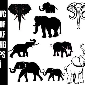 Może przedstawiać: Zestaw dziesięciu czarno-białych ilustracji sylwetki słonia. Słonie są w różnych pozach, w tym stojąc, chodząc i trąbiąc. Ilustracje idealnie nadają się do użycia w rękodziele, scrapbookingu lub projektowaniu cyfrowym.