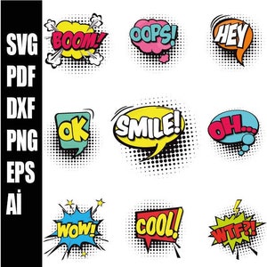Colorful comic speech bubbles SVG Speech Bubble Pop Art, Retro speech, Boom, Pow, Bubble collection, svg ai