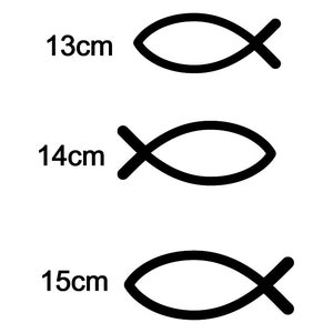 Könnte beinhalten: Drei schwarze und weiße Fischsymbole, jedes mit einer anderen Größe. Die Größen sind 13 cm, 14 cm und 15 cm.