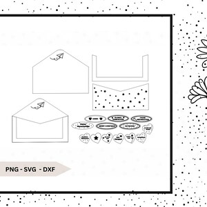 May include: A printable digital download of a set of envelope and tag templates with a star and airplane design. The set includes a large envelope, a smaller envelope, and several tags with different phrases. The text "PNG - SVG - DXF" is at the bottom of the image.