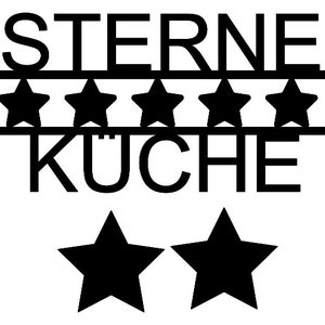 May include: Black and white illustration of the text "STERNE KUCHE" with five stars above the text and two stars below the text.