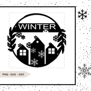 May include: Black and white graphic design featuring a circle with the word "WINTER" at the top and three houses inside. The houses are surrounded by snowflakes and a wreath of leaves.