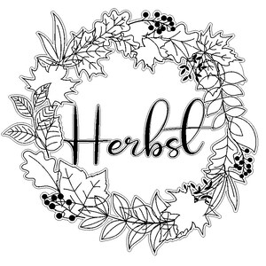 Pode incluir: Ilustração em preto e branco de uma coroa feita de folhas e bagas com a palavra "Herbst" no centro.