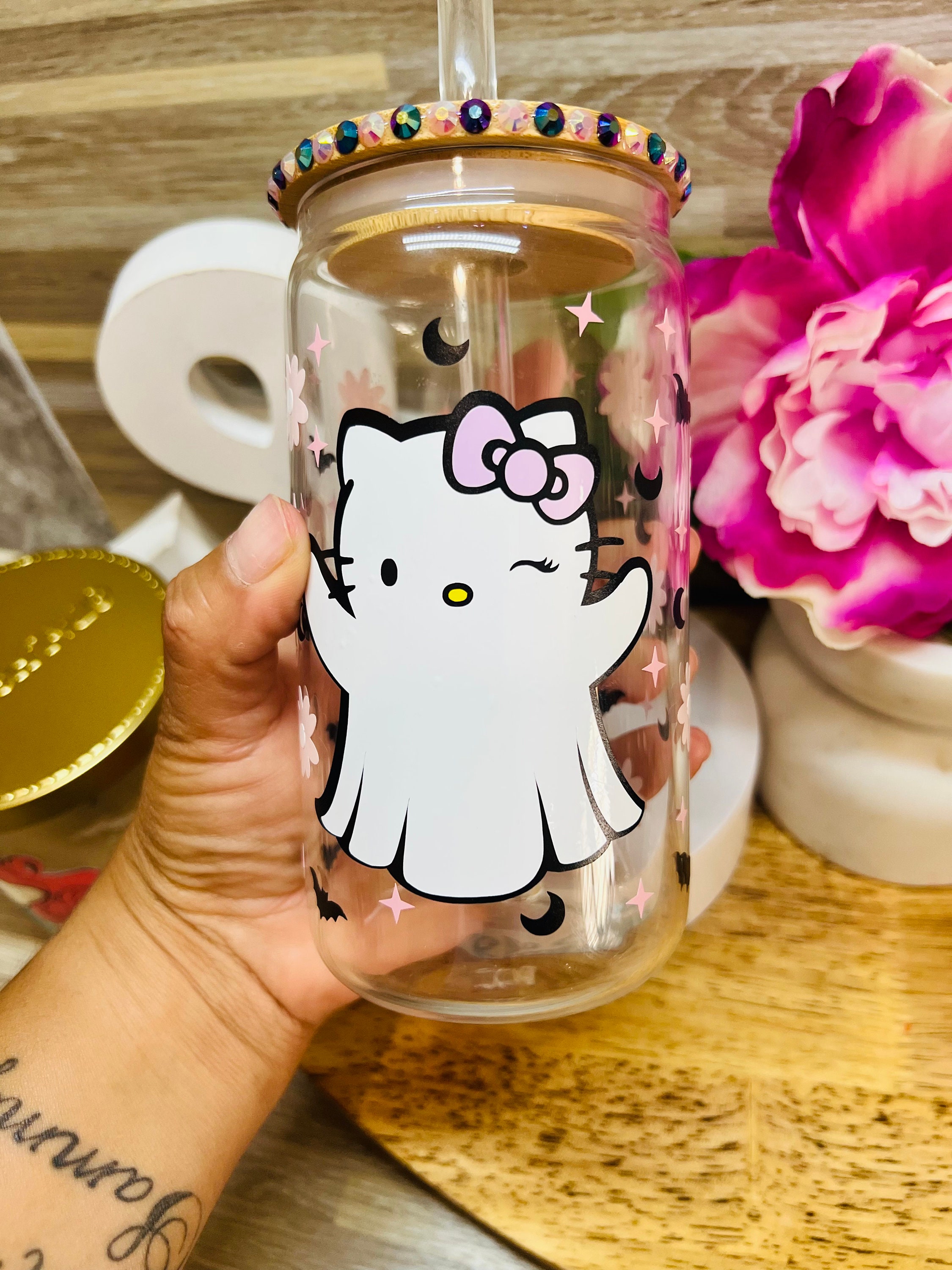 Hello Kitty Glass Tumbler Coffee Cup Beer Can Ghost Hello Kitty Sanrio Cat  Libby Glass Cup Reusable Coffee Cup Glass Jar 16oz Cup 