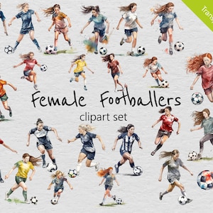 Set di clip art acquerello per calciatori femminili - 24 disegni - PNG trasparente - Uso commerciale - Ragazza che gioca a calcio, calcio, adolescenti, bambini.