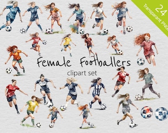 Footballeurs féminins aquarelle Clip Art set-24 Designs-PNG transparent-usage Commercial-fille jouant au Football, Football, adolescents, enfant.