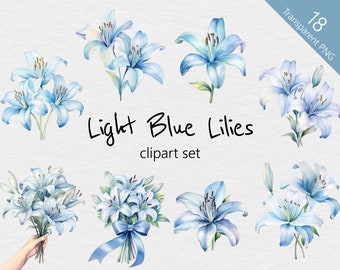 Lys bleu clair aquarelle Clip Art - 18 dessins - PNG Transparent - usage Commercial - Lily, floral, fleurs, bouquet, aquarelle