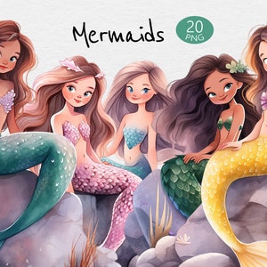 Mermaid Watercolour Clip Art - 20 Designs - Transparent PNG - Commercial Use - Watercolor, Magical, Fantasy, Under the Sea, Tail, Mermaids