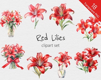 Lys rouges aquarelle Clip Art - 18 dessins - PNG Transparent - usage Commercial - Lily, floral, fleurs, bouquet, aquarelle