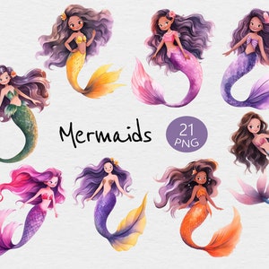 Mermaid Watercolour Clip Art - 21 Designs - Transparent PNG - Commercial Use - Watercolor, Magical, Fantasy, Under the Sea, Tail, Mermaids