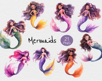 Mermaid Watercolour Clip Art - 21 Designs - PNG transparent - Utilisation commerciale - Aquarelle, Magique, Fantastique, Sous la mer, Queue, Sirènes