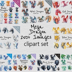 Mega Dragons Watercolour Clip Art set- 250+ Designs - Transparent PNG - Commercial Use - Fantasy, , Dragon eggs, Head, Black White, Red.