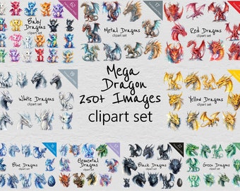 Mega Dragons Aquarelle Clip Art set- 250+ Designs - PNG Transparent - Usage Commercial - Fantasy, Oeufs de Dragon, Tête, Noir Blanc, Rouge.