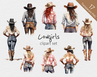 Cowgirls face à loin aquarelle Clip Art - 17 dessins - PNG Transparent - usage Commercial - aquarelle, Western, Plaid, chapeau de Cowboy, bottes