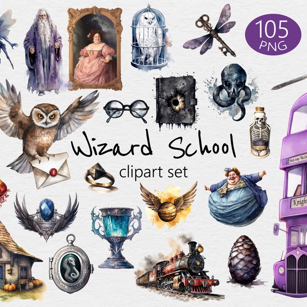 Wizard School Acuarela Clip Art - 105 Diseños - PNG transparente - Uso comercial - Acuarela, Magia, Brujería, Hechicería, Varita, Poción