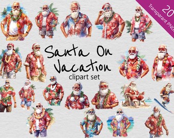 Santa On Vacation Aquarelle Clip Art set- 20 Designs - Transparent PNG - Commercial Use - Summer Holiday, Xmas, Christmas, Beach, Relax